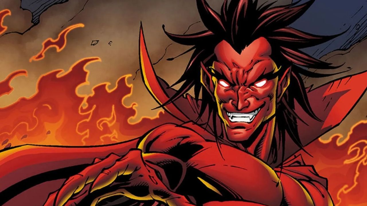 Comic book illustration of Mephisto, the red-skinned Marvel demon with glowing eyes and a sinister grin, surrounded by flames.