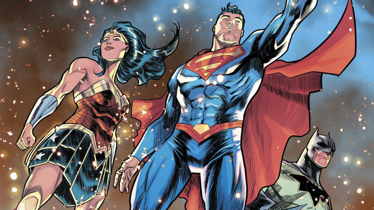 Comic-style illustration of Wonder Woman, Superman, and Batman standing together, with Superman leading and his cape flowing behind him.
