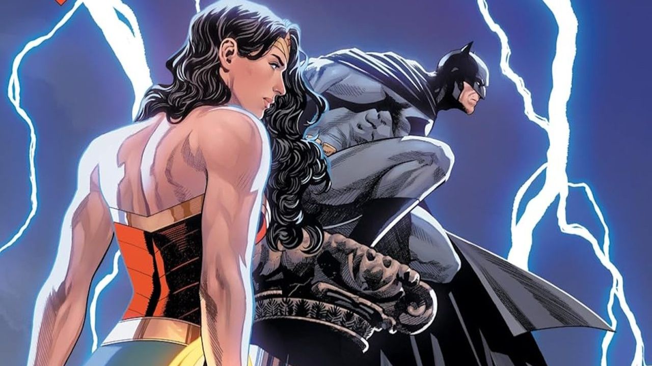 ChatGPT said:Comic-style illustration of Wonder Woman standing in the foreground with Batman crouched on a stone gargoyle behind her, lightning bolts striking in the background.