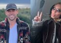 Gemini said A side-by-side composite image featuring Scooter Braun and Sydney Sweeney in outdoor/travel settings. Left side: A portrait of Scooter Braun smiling against a blurred green landscape. He is wearing a dark grey baseball cap with a red and white logo, a white V-neck t-shirt, and an open fleece jacket with a busy geometric pattern in black, orange, and white. Right side: Sydney Sweeney inside what appears to be a helicopter or small aircraft. She is wearing a dark leather jacket with a shearling collar, sunglasses, and aviation headphones with a microphone. She is making a peace sign with her hand (sporting red nail polish) and playfully sticking her tongue out.