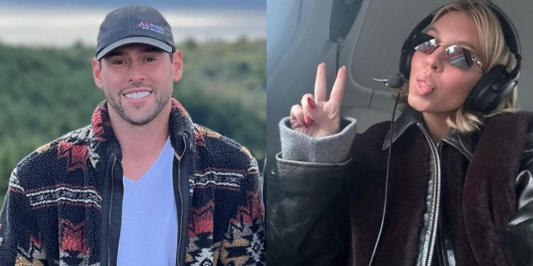 Gemini said A side-by-side composite image featuring Scooter Braun and Sydney Sweeney in outdoor/travel settings. Left side: A portrait of Scooter Braun smiling against a blurred green landscape. He is wearing a dark grey baseball cap with a red and white logo, a white V-neck t-shirt, and an open fleece jacket with a busy geometric pattern in black, orange, and white. Right side: Sydney Sweeney inside what appears to be a helicopter or small aircraft. She is wearing a dark leather jacket with a shearling collar, sunglasses, and aviation headphones with a microphone. She is making a peace sign with her hand (sporting red nail polish) and playfully sticking her tongue out.